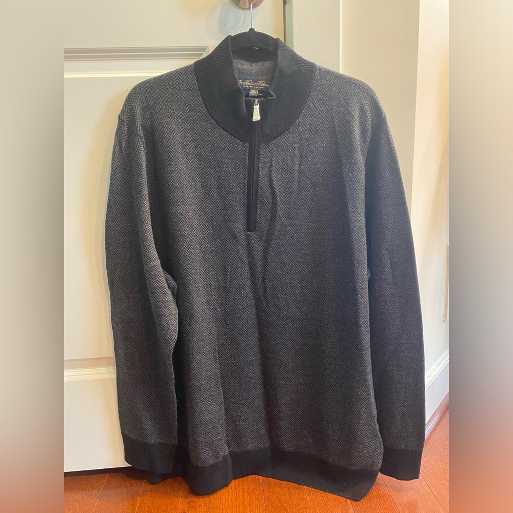 Brooks Brother Half Zip Herringbone Washable Merino Wool Black/Gray Sweater XXL